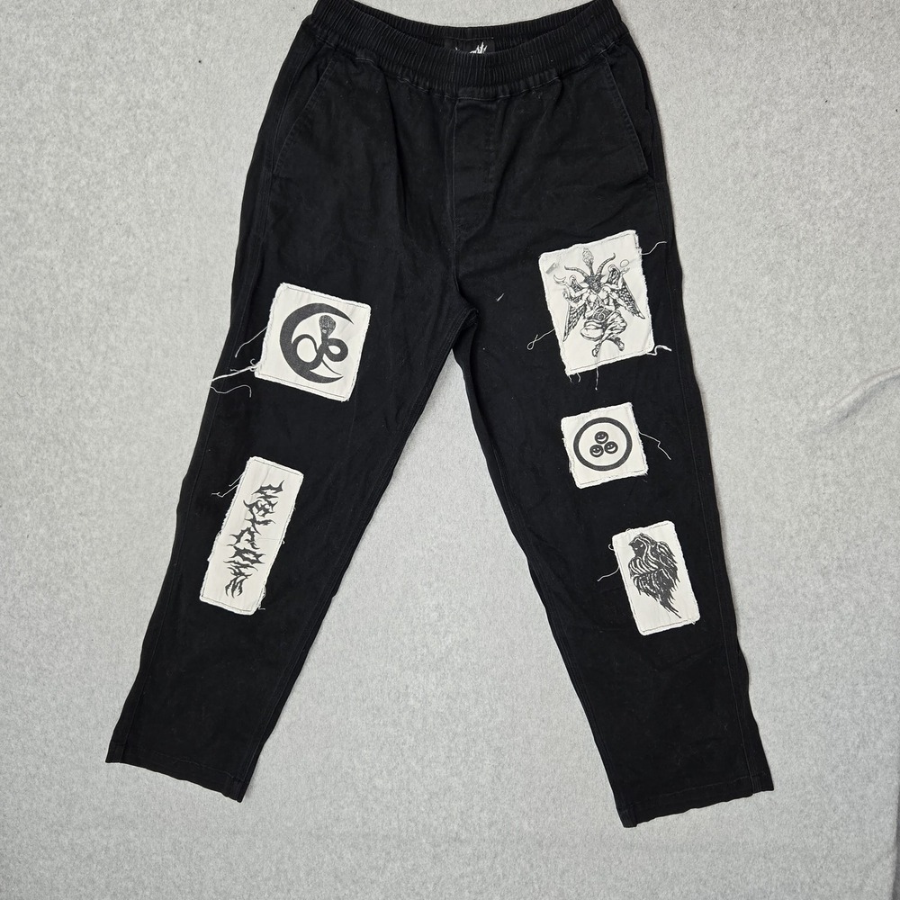Welcome Skateboards Men Pants S Black Jogger Patches Grunge Punk Goth Y2K